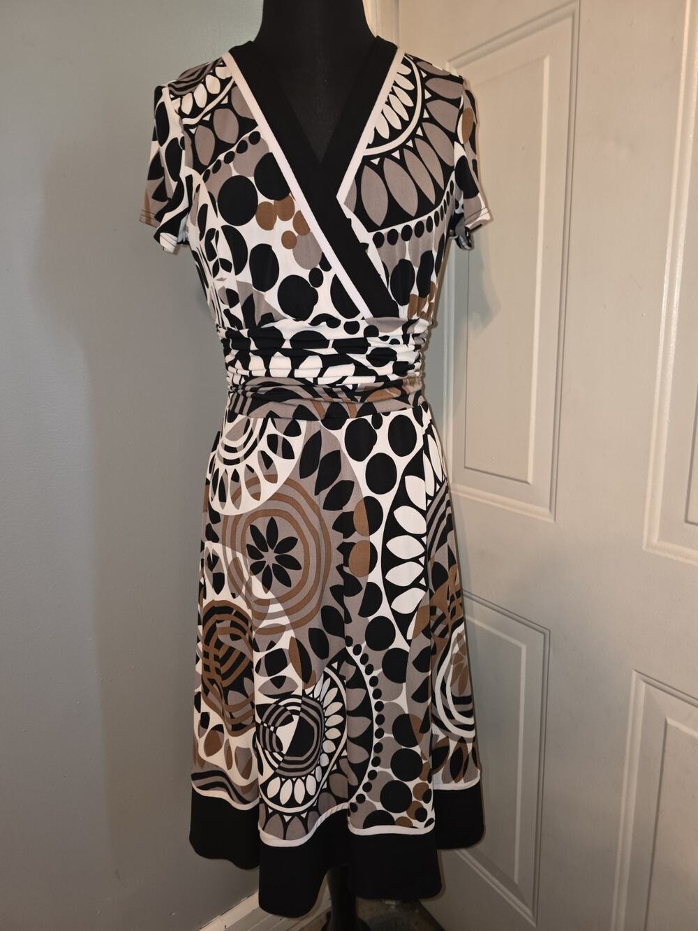 Vintage Y2K Studio 1 Knit Dress Geometric Ruched Stretch Waist 14 Black White